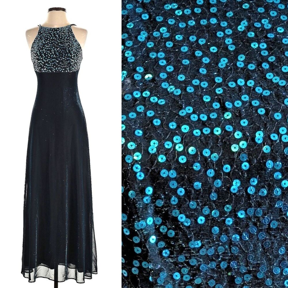 Vintage 1990s Blondie Nites Prom Dress Sequin Iridescent Whimsygoth Blue JRS 5 - Picture 3 of 10